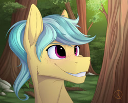 Size: 1024x825 | Tagged: safe, artist:klarapl, imported from derpibooru, oc, oc only, oc:karoline skies, earth pony, pony, bust, female, forest, freckles, mare, portrait, scenery, smiling, solo