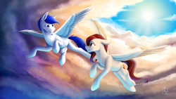 Size: 1600x901 | Tagged: safe, artist:klarapl, imported from derpibooru, oc, oc only, pegasus, pony, cloudscape, commission, duo, female, looking at each other, male, mare, scar, smiling, stallion, sun