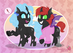 Size: 4950x3651 | Tagged: safe, artist:raspberrystudios, imported from derpibooru, oc, oc only, changeling, amputee, bow, changeling oc, colt, commission, curly hair, exclamation point, fangs, female, grin, hair bow, male, mare, open smile, pointing, prosthetic limb, prosthetics, smiling, spread wings, wings