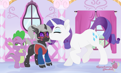 Size: 5445x3311 | Tagged: safe, artist:raspberrystudios, imported from derpibooru, rarity, spike, oc, oc:chad, oc:kama ezio clyde armasta laska chadwickson the iv, changeling, dragon, unicorn, absurd resolution, blushing, boutique, changeling oc, clothes, colt, commission, crossed arms, curtains, eyes closed, female, hoodie, jealous, kiss mark, leaning, lipstick, male, mare, window