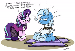 Size: 2500x1719 | Tagged: safe, artist:bobthedalek, imported from derpibooru, starlight glimmer, trixie, pony, unicorn, annoyed, assistant's outfit, atg 2021, belt, bondage, bow, clothes, cuffs (clothes), dialogue, duo, female, fishnet pantyhose, magic show, mare, newbie artist training grounds, scrunchy face, simple background, straitjacket, trixie is not amused, unamused, white background