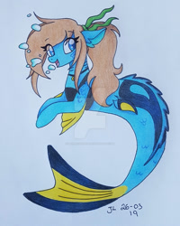 Size: 800x1000 | Tagged: safe, artist:mermaidnerin, imported from derpibooru, oc, oc only, hybrid, merpony, seapony (g4), blue eyes, bubble, deviantart watermark, dorsal fin, female, fins, fish tail, obtrusive watermark, open mouth, simple background, smiling, solo, tail, watermark