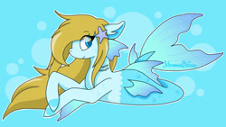 Size: 900x507 | Tagged: safe, artist:mermaidnerin, imported from derpibooru, oc, oc only, hybrid, merpony, seapony (g4), starfish, blue background, blue eyes, bubble, dorsal fin, eyelashes, female, fins, fish tail, flowing mane, flowing tail, ocean, signature, simple background, smiling, solo, tail, underwater