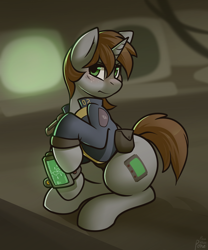 Size: 1280x1536 | Tagged: dead source, safe, artist:whitepone, imported from derpibooru, oc, oc only, oc:littlepip, pony, unicorn, fallout equestria, blushing, clothes, cutie mark, fanfic, fanfic art, female, freckles, hooves, horn, jumpsuit, mare, pipbuck, raised hoof, sitting, solo, vault suit