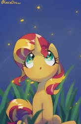 Size: 1679x2554 | Tagged: safe, artist:lexiedraw, imported from derpibooru, sunset shimmer, pony, unicorn, :o, cute, female, grass, high res, looking up, mare, night, open mouth, shimmerbetes, sitting, sky, solo