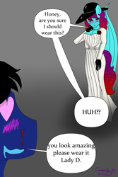 Size: 467x700 | Tagged: safe, artist:lullabyjak, imported from derpibooru, oc, oc:crimson rose, oc:galaxy nebula, anthro, bat pony, pegasus, blood, clothes, cosplay, costume, lady dimitrescu, nosebleed