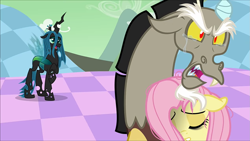 Size: 1273x720 | Tagged: safe, artist:disneyfanatic2364, imported from derpibooru, discord, fluttershy, queen chrysalis, changeling, changeling queen, draconequus, pony, fanfic:daughter of discord, cloud, crying, fangs, female, holding a pony, hurting, rage, sharp teeth, tears of anger, teeth, youtube link