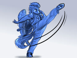 Size: 1024x768 | Tagged: safe, artist:miyathegoldenflower, imported from derpibooru, flash sentry, anthro, pegasus, unguligrade anthro, gradient background, kick, limited palette, male, martial arts, roundhouse kick