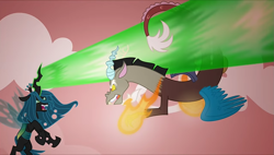 Size: 1271x720 | Tagged: safe, artist:disneyfanatic2364, imported from derpibooru, discord, queen chrysalis, changeling, changeling queen, draconequus, fanfic:daughter of discord, cloud, dodge, energy, energy blast, fangs, female, fight, flying, laser, male, red background, simple background, youtube link