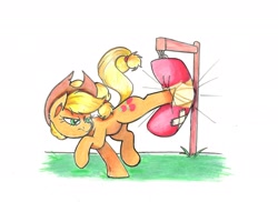 Size: 2339x1700 | Tagged: safe, artist:starpaintart, imported from derpibooru, applejack, earth pony, pony, bucking, female, kicking, looking back, mare, punching bag, simple background, solo, traditional art, white background