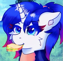 Size: 3012x2914 | Tagged: safe, artist:legionsunite, imported from derpibooru, oc, oc only, oc:magenta pulse, pony, unicorn, female, food, high res, mare, ponytail, sandwich, solo