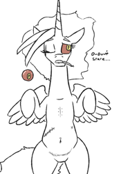 Size: 496x708 | Tagged: safe, artist:jargon scott, imported from derpibooru, oc, oc:dyx, alicorn, earth pony, pony, belly button, black and white, cigarette, featureless crotch, female, glass eye, grayscale, lying down, mare, missing eye, monochrome, neo noir, older, older dyx, on back, overhead view, partial color, scar, simple background, solo, white background