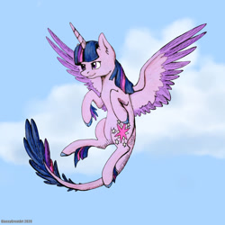 Size: 1280x1280 | Tagged: safe, artist:glassygreatart, imported from derpibooru, twilight sparkle, alicorn, classical unicorn, pony, unicorn, cloven hooves, colored hooves, female, flying, hoof fluff, leonine tail, mare, sky, solo, spread wings, twilight sparkle (alicorn), unshorn fetlocks, wings