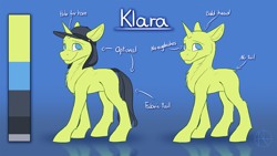 Size: 4000x2250 | Tagged: safe, artist:klarapl, imported from derpibooru, oc, oc only, oc:klara, earth pony, pony, unicorn, chest fluff, dock, female, hat, horn, looking at you, no eyelashes, no mane, no pupils, no tail, reference sheet, smiling, smiling at you, unicorn oc