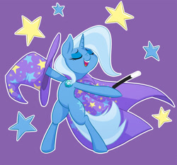 Size: 1916x1787 | Tagged: safe, artist:ikarooz, imported from derpibooru, trixie, pony, unicorn, bipedal, clothes, eyes closed, female, hat, magic wand, mare, open mouth, purple background, simple background, solo, stars, trixie's hat