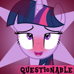 Size: 1024x1024 | Tagged: safe, artist:kingdark0001, editor:corpulent brony, imported from twibooru, twilight sparkle, pony, unicorn, derpibooru, ahegao, blushing, blushing profusely, female, happy, implied sex, lidded eyes, looking at you, mare, meta, moaning, moaning in pleasure, official spoiler image, open mouth, smiling, solo, solo female, spoiler image, spoilered image joke, sweat, tongue out, twibooru, vectorr