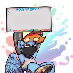 Size: 3000x3000 | Tagged: safe, artist:krd, edit, editor:edits of hate, imported from twibooru, rainbow dash, pegasus, pony, boots, clothes, collar, ear piercing, earring, exploitable meme, female, fishnets, jewelry, mare, mask, meme, mouthpiece, piercing, politics, pride, shoes, sign, simple background, solo, unauthorized edit, white background