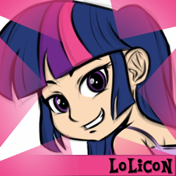 Size: 1024x1024 | Tagged: safe, artist:megasweet, imported from twibooru, twilight sparkle, human, derpibooru, child, clothes, cute, dress, female, grin, happy, head tilt, humanized, looking at you, looking back, meta, multi-colored-hair, official spoiler image, pink hair, purple eyes, purple hair, smiling, spoiler image, spoilered image joke, twibooru