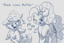 Size: 3051x2033 | Tagged: safe, artist:dilarus, edit, editor:edits of hate, imported from twibooru, pinkie pie, rainbow dash, pony, black lives matter, female, laughing, mare, mocking, monochrome, mouthpiece, politics, raised hoof, simple background, unauthorized edit, white background