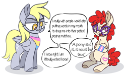 Size: 900x543 | Tagged: artist needed, safe, edit, editor:edits of hate, imported from twibooru, derpy hooves, twist, dialogue, glasses, mouthpiece, pride, pride flag, simple background, transgender pride flag, unauthorized edit, white background