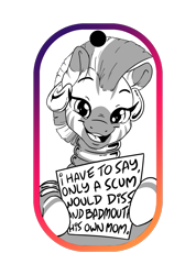 Size: 1024x1441 | Tagged: safe, artist:dilarus, edit, editor:edits of hate, imported from twibooru, zecora, zebra, design, dog tags, ear piercing, earring, insult, jewelry, looking at you, open smile, piercing, quadrupedal, sign, simple background, transparent background, unauthorized edit