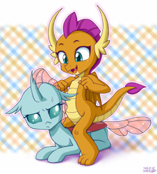 Size: 2040x2260 | Tagged: safe, artist:uotapo, imported from twibooru, ocellus, smolder, changedling, changeling, dragon, banned from derpibooru, cute, diaocelles, dragoness, dragons riding changelings, duo, female, females only, ocellus is not amused, open mouth, patreon, prone, smolderbetes, sweat, sweatdrop, unamused, uotapo is trying to murder us, uotapo will kill us all