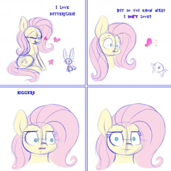 Size: 1800x1800 | Tagged: safe, artist:heir-of-rick, edit, editor:edits of hate, imported from twibooru, fluttershy, butterfly, pony, rabbit, animal, comic, female, looking at you, mare, mouthpiece, nigger, talking, talking to viewer, unauthorized edit