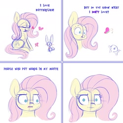 Size: 1800x1800 | Tagged: safe, artist:heir-of-rick, edit, editor:edits of hate, imported from twibooru, fluttershy, butterfly, pony, rabbit, animal, comic, female, looking at you, mare, mouthpiece, unauthorized edit