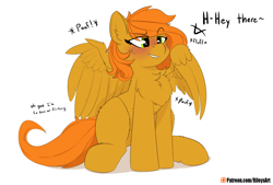 Size: 4000x2700 | Tagged: safe, artist:rileyisherehide, imported from twibooru, oc, oc only, oc:camber, pegasus, behaving like a bird, blushing, chest fluff, lip bite, patreon, patreon link, patreon logo, paywalled source, peacocking, sitting, sweat, unreleased