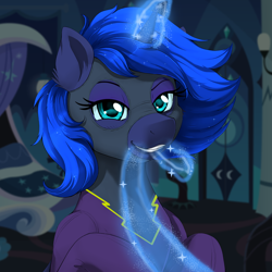 Size: 2000x2000 | Tagged: safe, artist:evomanaphy, edit, editor:v3ga, imported from twibooru, princess luna, alicorn, pony, /mlp/, canterlot castle, clothes, collar, costume, cute, female, leash, magic, magic aura, magic leash, mare, shadowbolts costume, solo, unauthorized edit