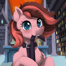 Size: 2000x2000 | Tagged: safe, artist:evomanaphy, edit, editor:v3ga, imported from twibooru, oc, oc:scarlett blade, pegasus, pony, /mlp/, blushing, canterlot library, collar, cute, female, leash, mare, solo, unauthorized edit