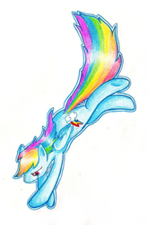 Size: 589x900 | Tagged: safe, artist:braeburned, imported from twibooru, rainbow dash, pegasus, pony, crossed hooves, female, flying, mare, simple background, solo, traditional art, underhoof, white background