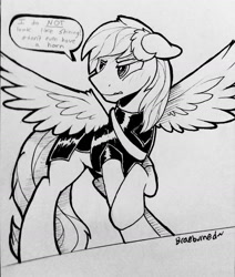 Size: 1280x1510 | Tagged: safe, artist:braeburned, imported from twibooru, oc, oc only, oc:valiance, pony, armor, blushing, floppy ears, raised hoof, spread wings, traditional art, wings