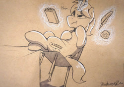 Size: 1280x894 | Tagged: safe, artist:braeburned, imported from twibooru, oc, oc only, oc:tom ink, pony, unicorn, explicit source, ink, levitation, magic, monochrome, quill, sepia, solo, telekinesis