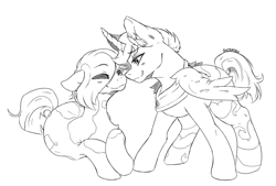 Size: 970x655 | Tagged: safe, artist:shiratzu, imported from twibooru, oc, oc only, unnamed oc, alicorn, alicorn oc, blushing, duo, female, horn, laying on stomach, male, mare, monochrome, shipping, sketch, stallion, standing, straight, wings