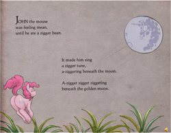 Size: 1114x864 | Tagged: safe, anonymous editor, artist:diane redfield massie, edit, imported from twibooru, pinkie pie, pony, author:diane redfield massie, book, eyes closed, female, mare in the moon, moon, solo, text, twibooru exclusive, zigger, zigger beans, ziggers