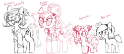 Size: 1337x585 | Tagged: safe, artist:whydomenhavenipples, imported from twibooru, oc, oc only, oc:barrel, oc:double shot, oc:homely steady, oc:squeaky, earth pony, pony, cb radio, cigarette, clothes, female, filly, glasses, looking at you, mare, open mouth, police, simple background, sketch, smoking, white background