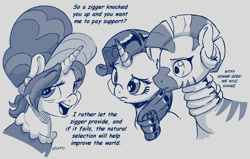 Size: 944x602 | Tagged: source needed, safe, artist:dilarus, edit, editor:edits of hate, imported from twibooru, cookie crumbles, rarity, zecora, pony, unicorn, zebra, black and white, female, grayscale, mare, monochrome, natural selection, racism, simple background, solo, vulgar, we wuz kings, white background, zigger