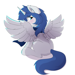 Size: 2000x2000 | Tagged: source needed, safe, artist:rileyisherehide, imported from twibooru, oc, oc only, oc:prince nova, alicorn, pony, banned from derpibooru, blushing, hiding behind wing, looking at you, looking back, looking back at you, male, paywalled source, shy, simple background, sitting, solo, solo male, solo stallion, spread wings, stallion, white background, wings