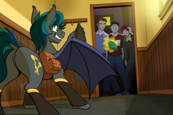 Size: 2560x1707 | Tagged: safe, artist:tf-sential, imported from twibooru, surprise, oc, oc:load bearing, oc:spark gap, bat pony, human, fanfic:fine print, bag, coat rack, dock, doorway, image, partial transformation, png, saddle bag, smiling, tail aside, transformation, wing spreading