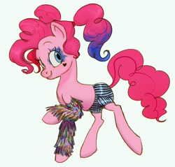 Size: 1144x1093 | Tagged: artist needed, source needed, safe, imported from twibooru, pinkie pie, earth pony, pony, birds of prey, clothes, cosplay, costume, dyed hair, dyed mane, eyeshadow, female, harley quinn, heart, leg warmers, looking at you, makeup, mare, one hoof raised, pigtails, pinkie quinn, raised hoof, shorts, simple background, smiling, solo, white background