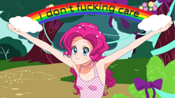 Size: 1200x672 | Tagged: safe, artist:abysstea, edit, imported from twibooru, pinkie pie, human, clothes, editor needed, female, humanized, looking at you, rainbow, reaction image, smiling, solo, tanktop, vulgar