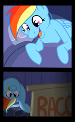 Size: 1100x1801 | Tagged: source needed, safe, artist:chubbyjam, imported from twibooru, rainbow dash, pegasus, pony, bed, box, exploitable meme, female, happy, imminent vore, laying on bed, looking down, looking under bed, mare, meme, on bed, smiling, solo, tongue out, under the bed, upside down face