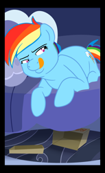 Size: 1100x1801 | Tagged: source needed, safe, artist:chubbyjam, imported from twibooru, rainbow dash, pegasus, pony, bed, box, empty box, female, laying on bed, licking, licking lips, lidded eyes, mare, on bed, solo, spread wings, tongue out, wings