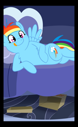 Size: 1100x1801 | Tagged: source needed, safe, artist:chubbyjam, imported from twibooru, rainbow dash, pegasus, pony, bed, box, chest fluff, empty box, female, happy, laying on bed, licking, licking lips, looking at you, mare, on bed, solo, spread wings, tongue out, wings