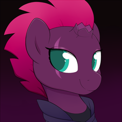 Size: 1386x1380 | Tagged: safe, artist:moozua, imported from twibooru, fizzlepop berrytwist, tempest shadow, pony, unicorn, my little pony: the movie, broken horn, bust, female, gradient background, horn, looking at you, mare, portrait, scar, smiling, solo, waifu2x