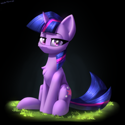 Size: 2400x2400 | Tagged: safe, artist:shido-tara, edit, editor:pastthesouthpole, imported from twibooru, twilight sparkle, pony, unicorn, black background, female, grass, lidded eyes, looking at you, mare, simple background, sitting, smiling, smirk, solo, unicorn twilight, wingless, wingless edit