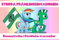 Size: 1024x691 | Tagged: artist needed, safe, deleted from derpibooru, imported from twibooru, rainbow dash, oc, oc:victory faith, earth pony, pegasus, pony, banned from derpibooru, cutie mark, female, logo, mare, megaphone, nazi, nordic, nordic resistance movement, politics, runes, shield, symbol, text