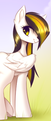 Size: 326x766 | Tagged: safe, imported from twibooru, oc, oc only, oc:tulpa twilight, pegasus, pony, female, grass, looking back, mare, simple background, smiling, solo, standing