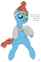 Size: 1721x2605 | Tagged: safe, artist:alignac, imported from twibooru, meadowbrook, pony, accent, belly, belly button, clothes, cut-out shoulder hoodie, dialogue, female, hoodie, mare, solo